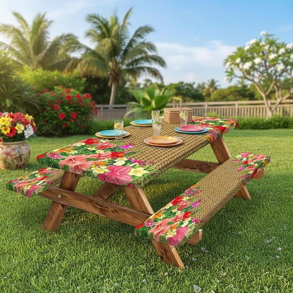Hawaiian Tropical Floral Picnic Table Cover with Bench Covers, 3PCS Waterproof Polyester Elastic Fitted Outdoor Tablecloth, Camping BBQ RV Patio Luau Party Essentials with Carry Bag,60in