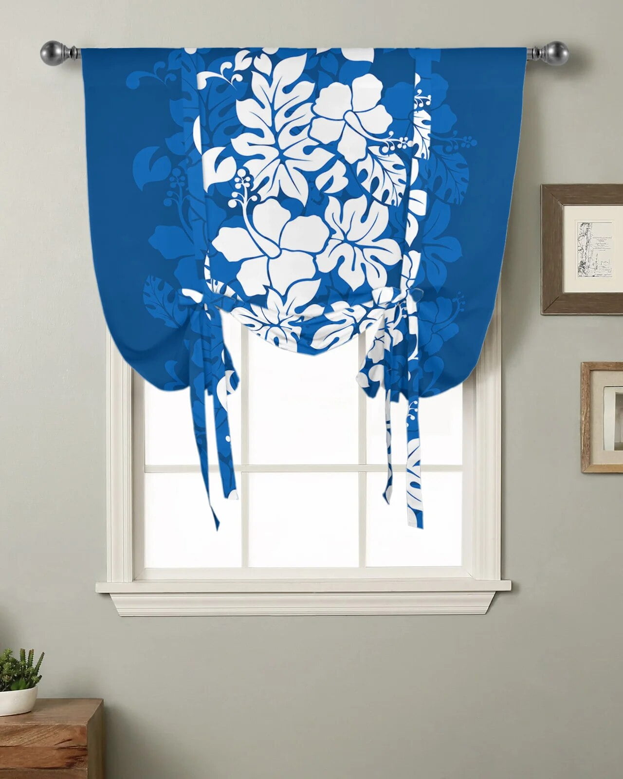 Hawaiian Tropical Flower Blue Kitchen Short Window Curtain Rod Pocket