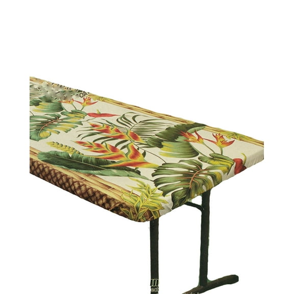 Hawaiian Tropical Flower Fabric Tablecloth for 6' Center-fold Table, Heliconia Flowers
