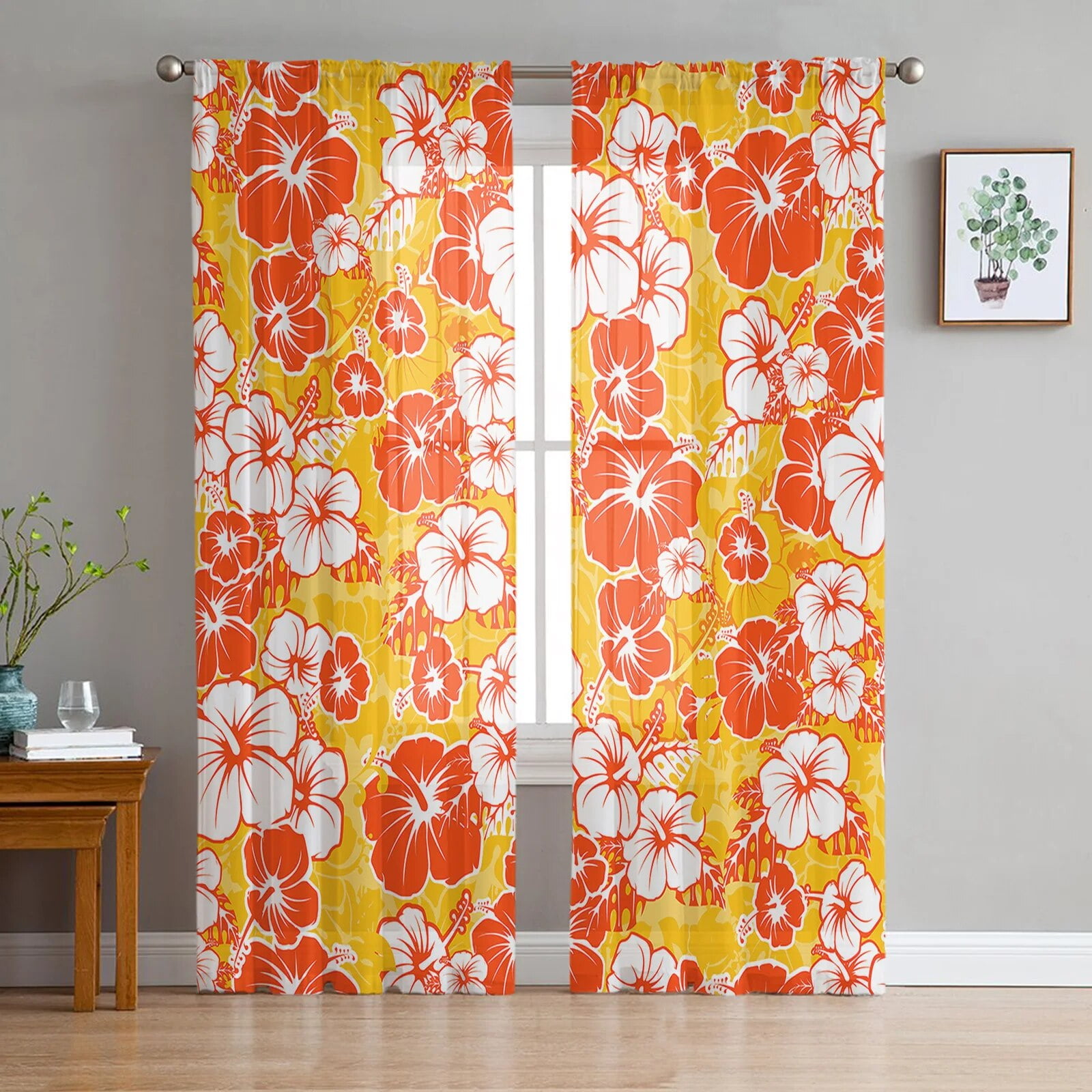 Hawaiian Tropical Flower Texture Chiffon Sheer Curtains for Living Room