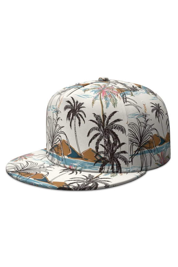 Hawaiian Tropical Island Flat Bill Cap - Coastal Paradise & Sunset Palm Tree Print, Breathable Snapback Hip Hop Hat for Urban Style