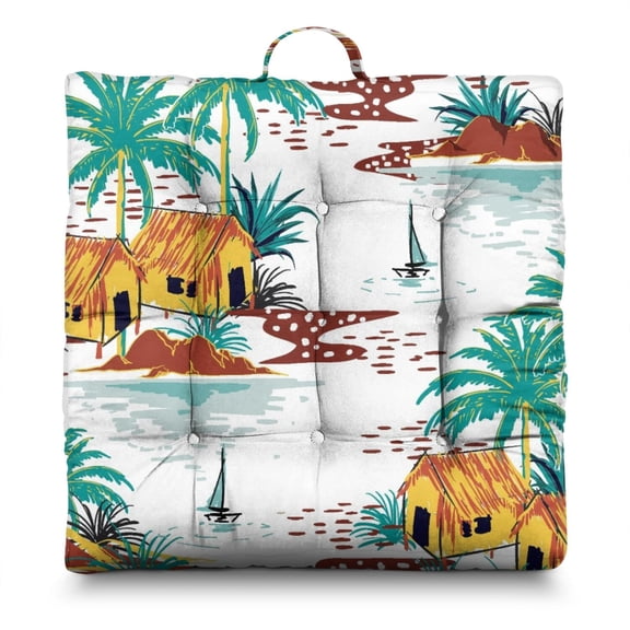 Hawaiian Tropical Island Floor Cushion - Extra Thick 4.7" Meditation Seat Pad with Exotic Palm Tree Print, Soft & Skin-Friendly for Long Sitting Sessions