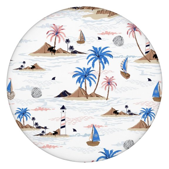 Hawaiian Tropical Island Round Tablecloth Elastic Edge, Spill-Proof & Scratch-Resistant for Beach Picnics & Parties