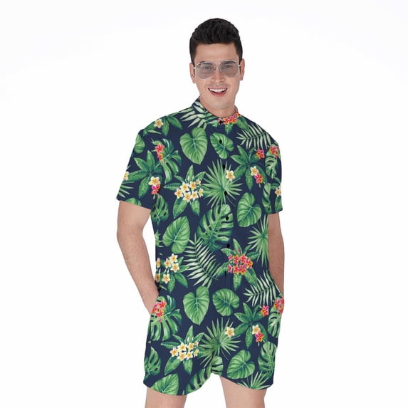 Hawaiian Tropical Leaves Pattern Short Sleeve Men'S Rompers, Aloha Tropical Hawaiian Casual Summer Jumpsuits Outfit