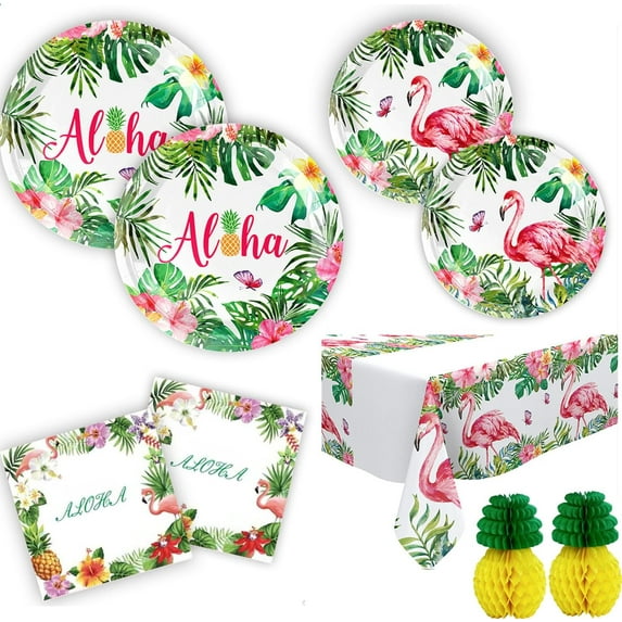 Hawaiian Tropical Luau Party Decorations Supplies,Birthday Beach Summer Holiday Luau Party Paper Plates Napkins Tablecloth Pineapple, Serves 25