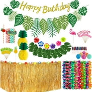 Hawaiian Tropical Party Decorations - 9Ft Grass Table Skirt, Leaf Banner, Leis Necklace, Palm Leaves, Hibiscus Flowers, Fruit Straws, 3D Flamingo and Pineapple Cake Toppers for Luau Party Supplies