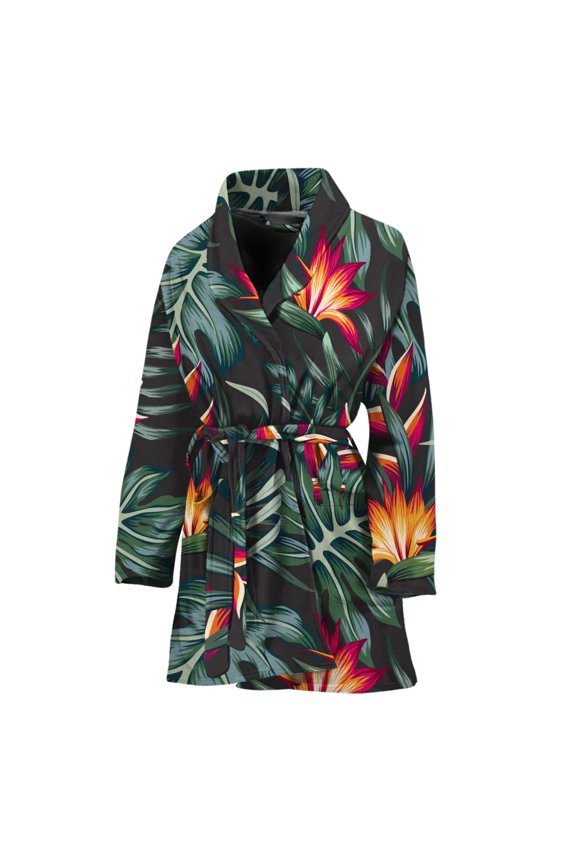 Hawaiian Tropical Plants Pattern Women Bathrobe One Size Univeral Fits, Aloha Tropical Hawaiian Fashion Lightweight Plush Fleece Long Robe For Women