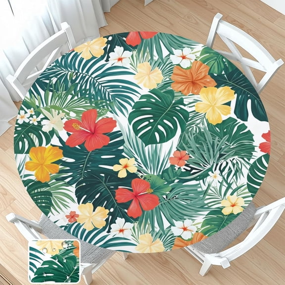 Hawaiian Tropical Round Fitted Tablecloth with Elastic Edge Summer Palm Leaf floral Circle Table Cloth for 44-48" Tables Wipeable Waterproof Hawaiian Luau Leaves Table Cover for Outdoor Picnic Party