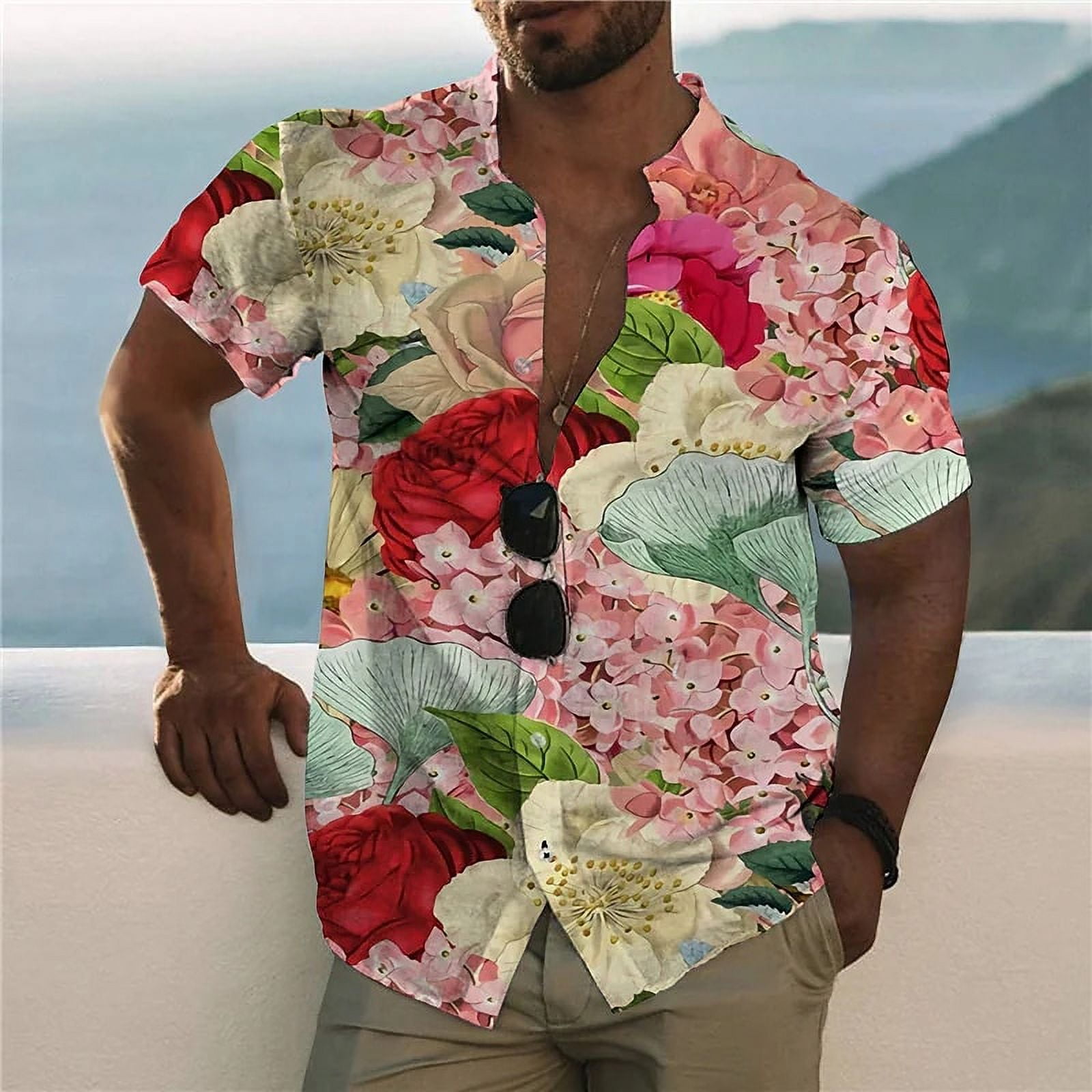 Hawaiian Tropical Shirts for Men 3d Floral Printed Short Sleeves Beach