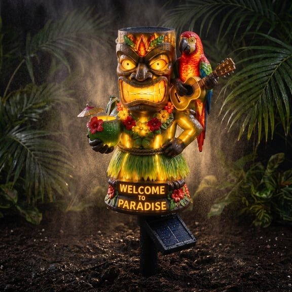 Hawaiian Tropical Yard Decor Solar Tiki Stake Light, LED Glowing Tiki Statue with Hibiscus Flower Details for Poolside Patio