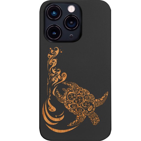 Hawaiian Turtle 3 - Engraved Wooden Phone Case for iPhone 14 Pro, Color: Black