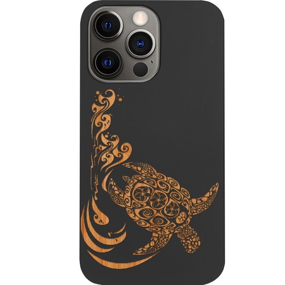 Hawaiian Turtle 3 - Engraved Wooden Phone Case for iPhone 14 Pro Max, Color: Black