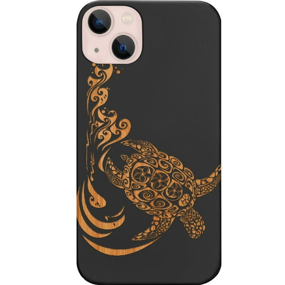 Hawaiian Turtle 3 - Engraved Wooden Phone Case for iPhone 15 Plus, Color: Black