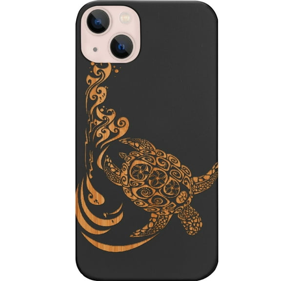 Hawaiian Turtle 3 - Engraved Wooden Phone Case for iPhone 15 Plus, Color: Black