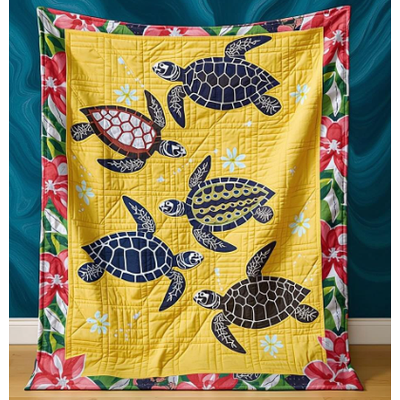 Hawaiian Turtle Quilt Yellow Floral Border Bedspread | Twin Queen King Size Summer Beach Decorative Quilt for Bedroom Living Room 280gsm Blanket