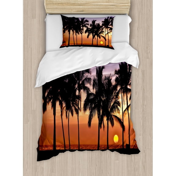 Hawaiian Twin Size Duvet Cover Set, Hawaiian Sunset on Big Island Anaehoomalu Bay Ocean Romantic Resort, Decorative 2 Piece Bedding Set with 1 Pillow Sham, Lilac Dark Orange Black, by Ambesonne
