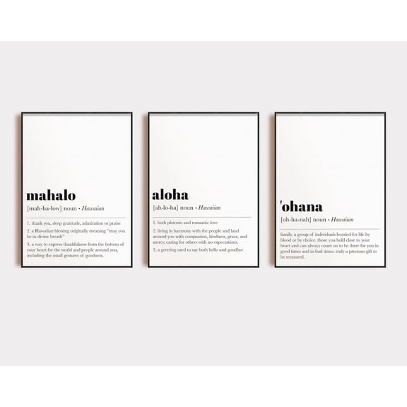 Hawaiian Wall Art Aloha Ohana Mahalo Definition Minimalist Decor Set 3 Stretched Canvas 16x24
