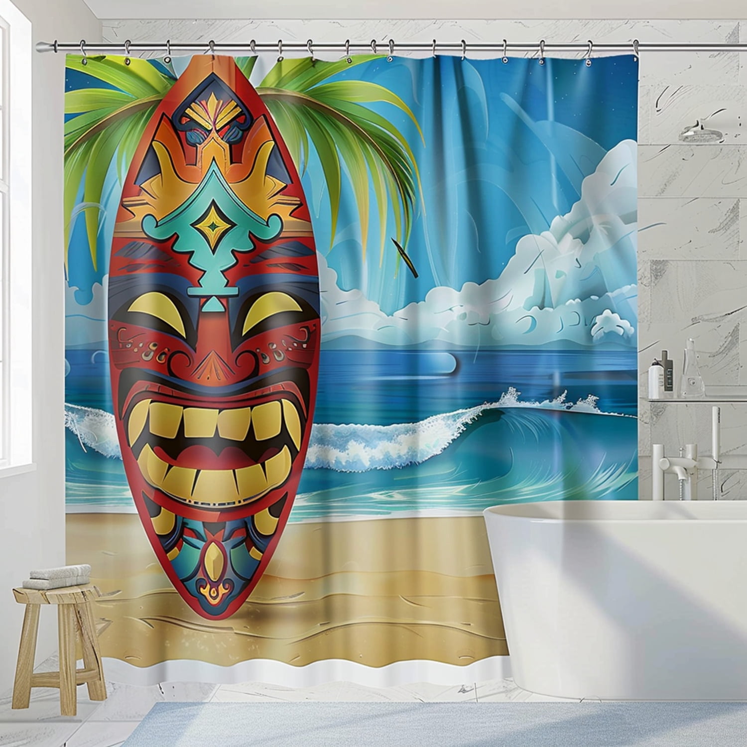 Hawaiian Waves and Palm Leaves Shower Curtain Tiki Surfboard and Mask