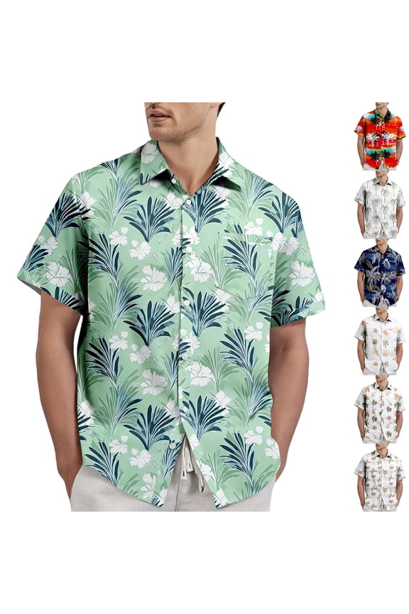 Hawaiian Wedding Shirts for Men Short Sleeve Linen Tropical Print Button Down Formal Casual Beach Ceremony Tops 2026 White XL