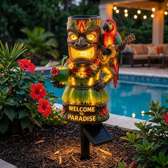 Hawaiian Welcome Paradise Tiki Solar Stake Light, All-Weather Resin Parrot Sculpture, Solar Powered Outdoor Tiki Decor Accessory