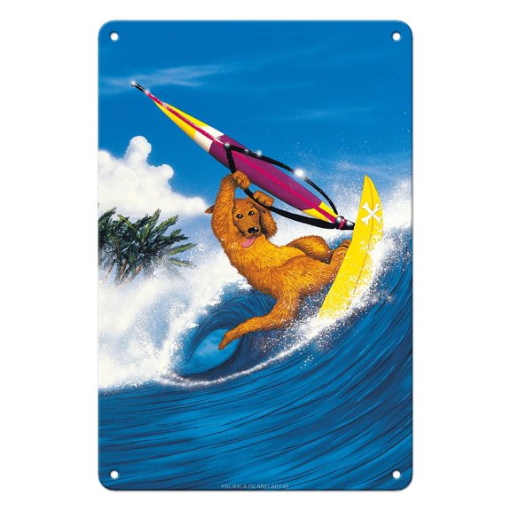 Hawaiian Windsurfing Dog - From an Original Color Painting by Peter Powell - 8 x 12 inch Vintage Metal Tin Sign