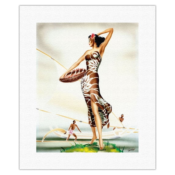 Hawaiian Woman in Sarong (Kīkepa) - Vintage Hawaiian Airbrush Art by Gill c.1940s - Fine Art Rolled Canvas Print 11in x 14in