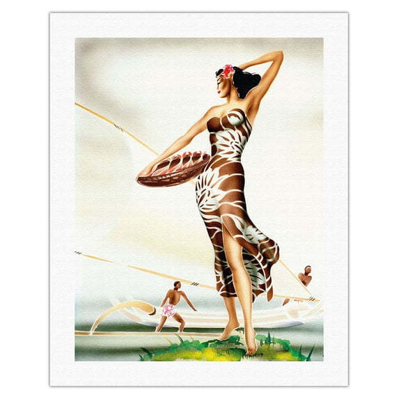 Hawaiian Woman in Sarong (Kīkepa) - Vintage Hawaiian Airbrush Art by Gill c.1940s - Fine Art Rolled Canvas Print 20in x 26in