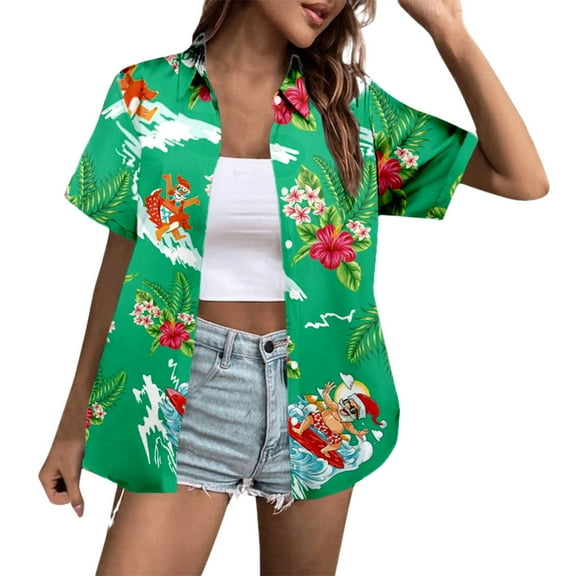 Hawaiian Women Floral Shirts Summer Button Lapel Tropical Shirt Short Sleeve Casual Beach Hawaii Blouse Tops