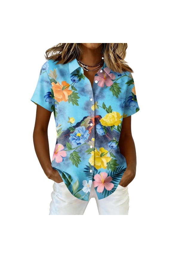 Hawaiian Womens Shirt Floral Tropic Print Tee Button Down Short Sleeve Tops Soft Cool Summer Beach Clothes