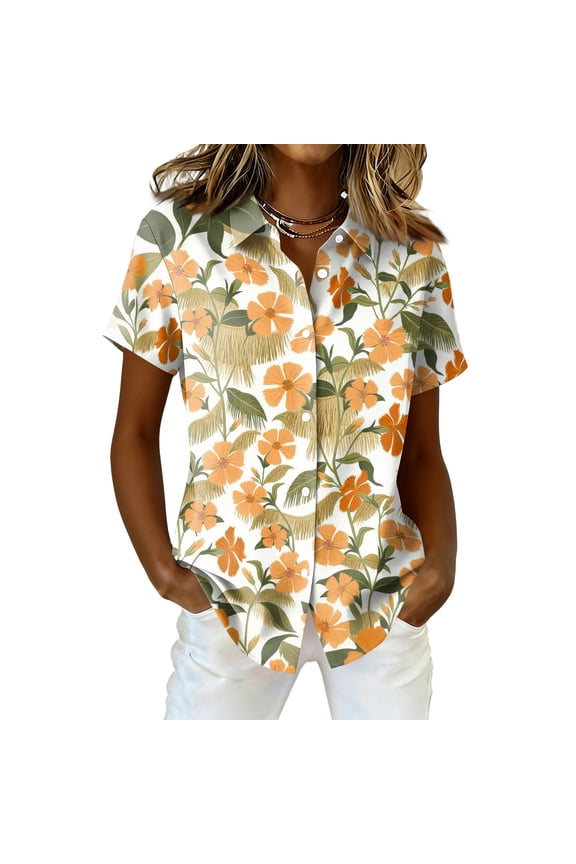 Hawaiian Womens Shirt Short Sleeve Button Down Ocean Wave Print Aloha Shirts Summer Vacation Beach Blouses