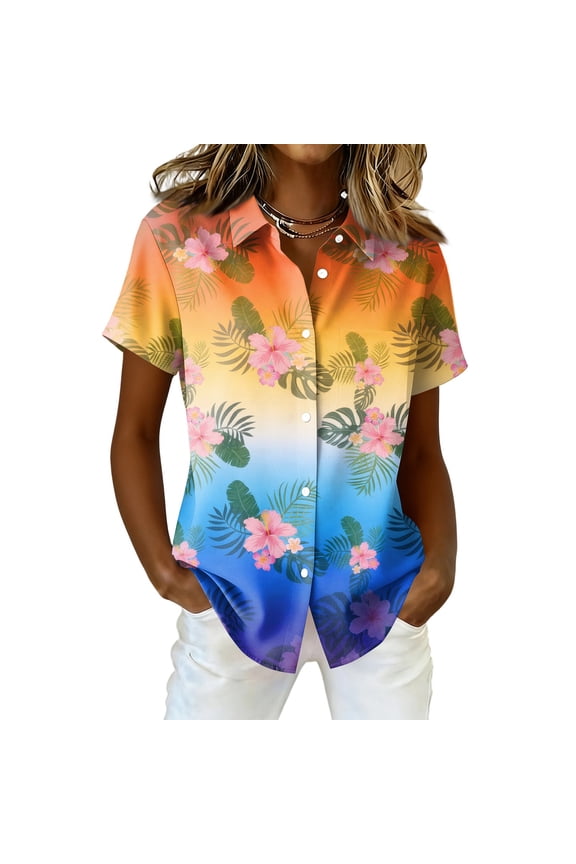Hawaiian Womens Shirt Short Sleeve Button Down Ocean Wave Print Aloha Shirts Summer Vacation Beach Blouses