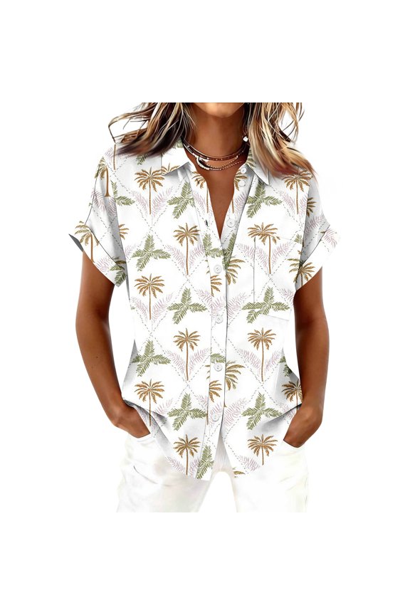 Hawaiian Womens Shirts Short Sleeve Ocean Wave Print Button Down Shirts Dressy Casual Boho Spring Tops
