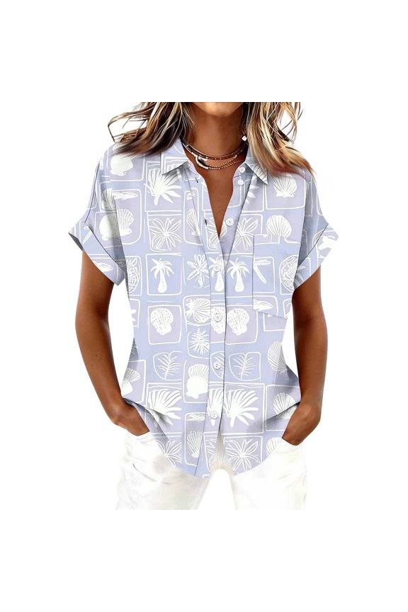 Hawaiian Womens Shirts Short Sleeve Ocean Wave Print Button Down Shirts Dressy Casual Boho Spring Tops