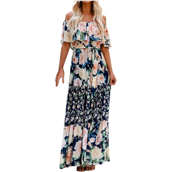Hawaiian dresses for women Bohemian Off Shoulder Maxi Floral Print Beach Vacation Outfits Size L