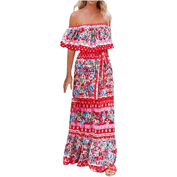 Hawaiian dresses for women Bohemian Off Shoulder Maxi Floral Print Beach Vacation Outfits Size L