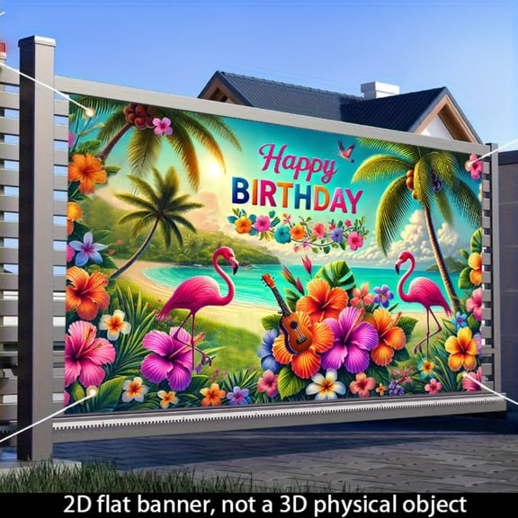 Hawaiian flamingo birthday theme banner, indoor and outdoor party decoration background cloth, 71x43 inches, birthday wall flag hanging, ukulele and tropical hibiscus beach design, suitable for famil