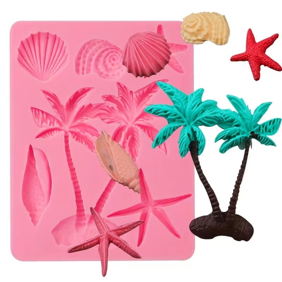 Hawaiian style silicone mold, coconut tree cake decoration fondant mold with starfish, shells, suitable for summer parties, candy, cupcake decoration, gum, cookies, chocolate, clay, resin