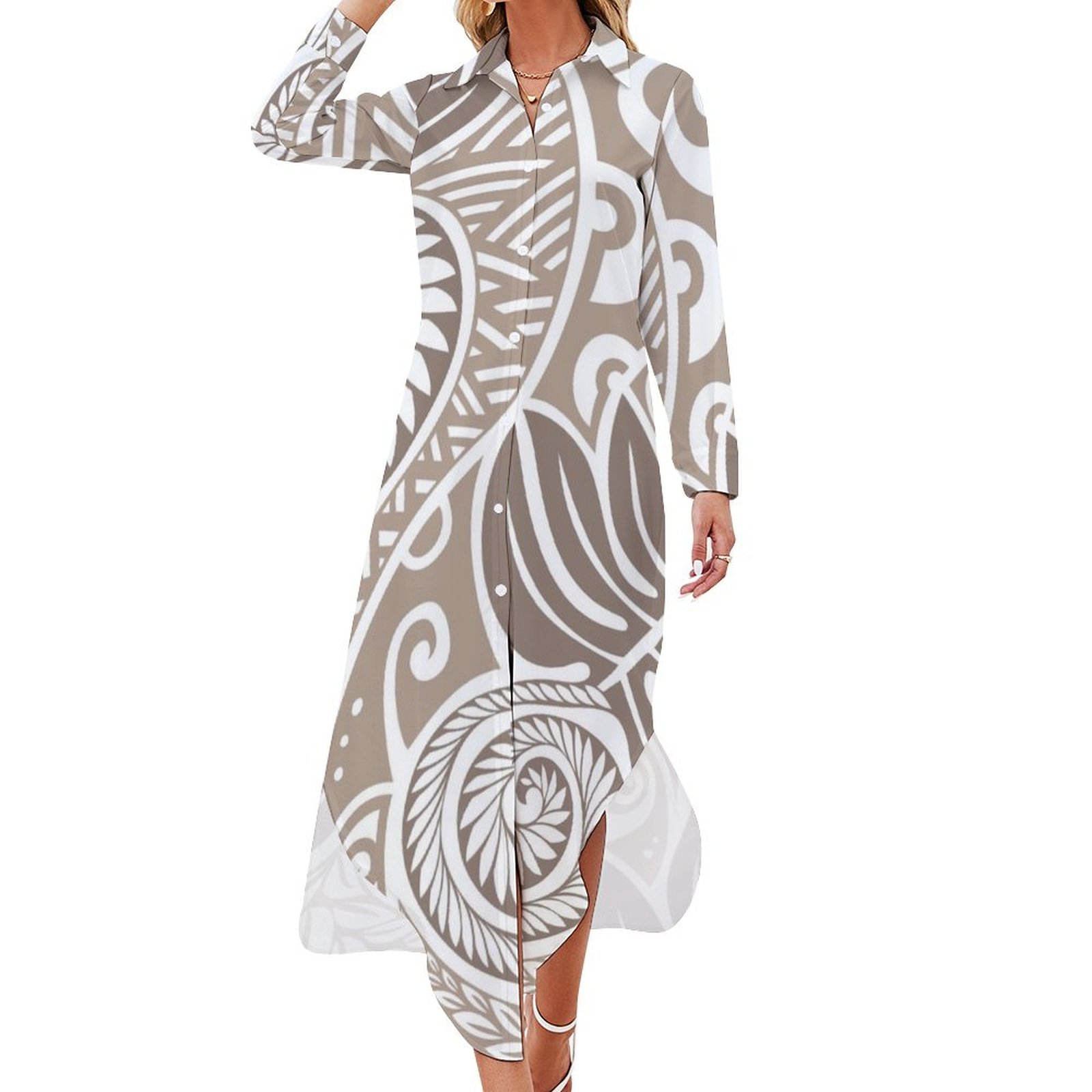 Stylish Brown Sisters Loose Long Sleeve Shirt Dress
