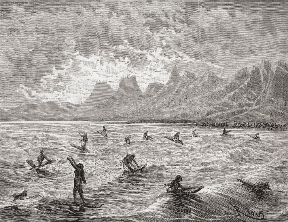 Hawaiians Surfing In The 19Th Century After A Drawing By Charles Victor Crosnier De Varigny 1829 Canvas Art - Ken Welsh Design Pics (32 x 24)