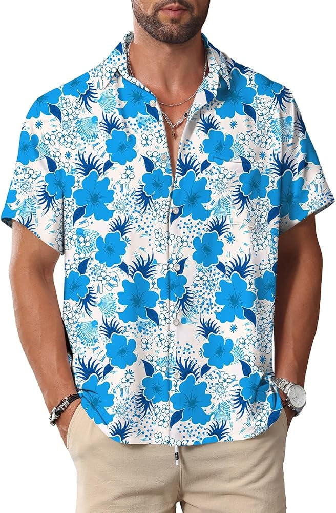 Hawaiishirt Men's Hawaiian Shirt Short Sleeve – Blue Hibiscus Floral ...