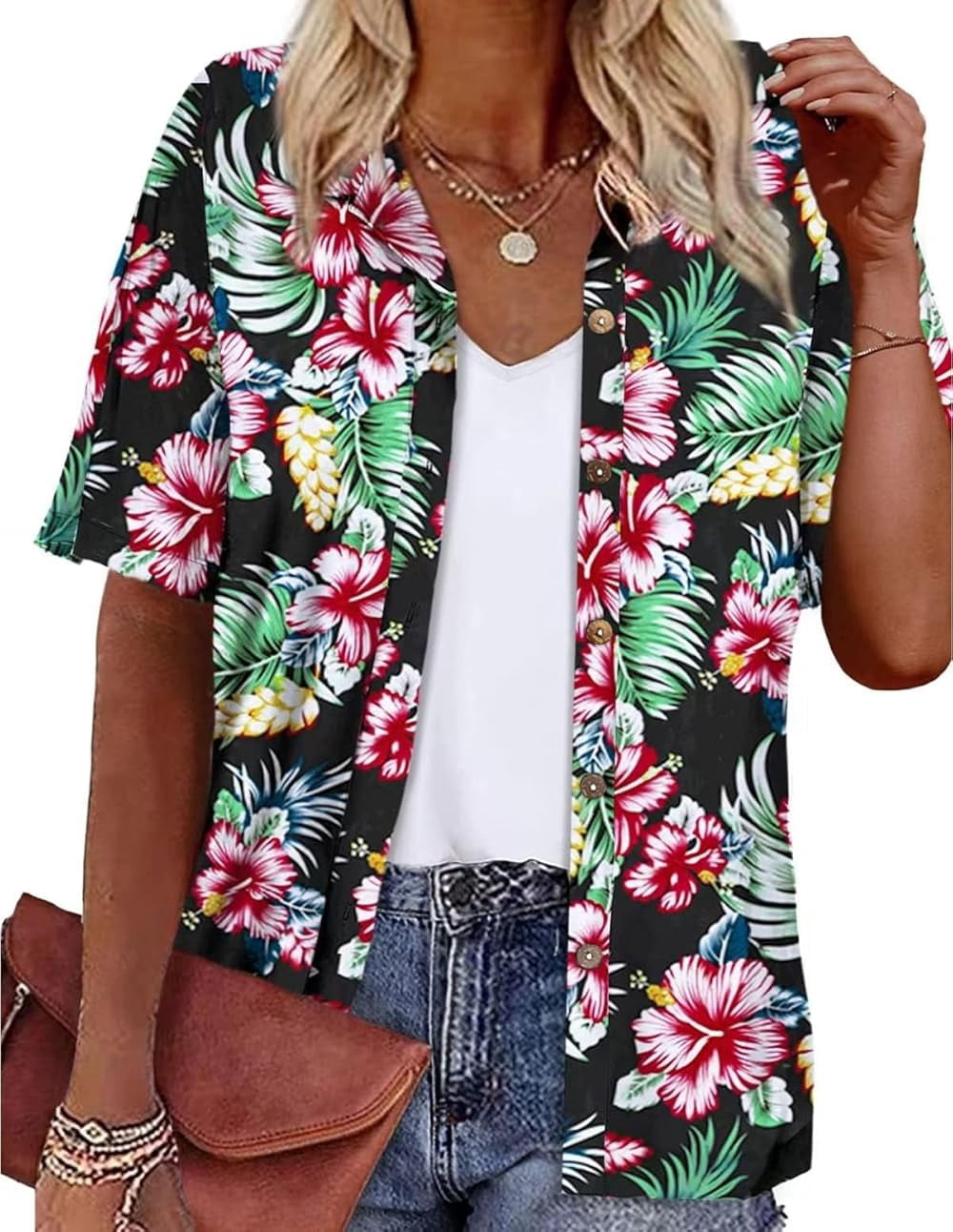 Hawaii Maui Women Casual Shirt Polynesian Fish Hook Hibiscus Green Version LT05 main image 1