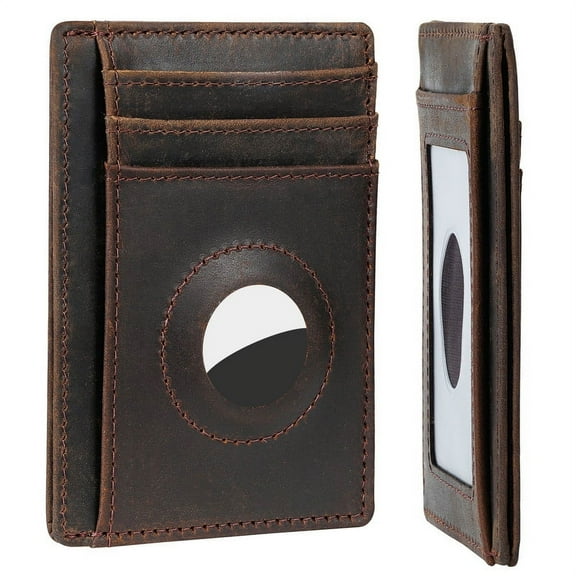 Hawanik Mens Genuine Leahter Wallet for AirTag Slim Minimalist Card Holder Crazy Horse Leather