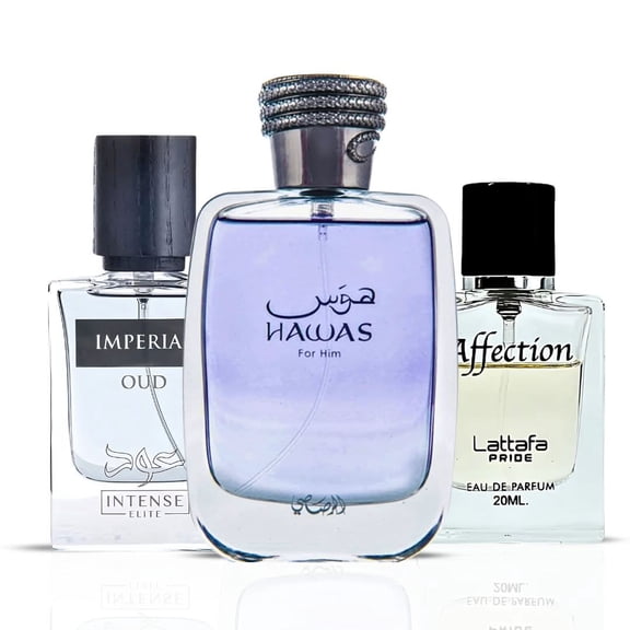 Hawas for Him 100ml by Rasasi, Imperial Oud 50ml by Intense Elite, Affection 20ml by Lattafa Pride - Eau de Parfum Sprays (Bundle)