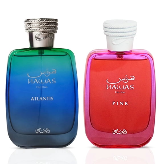 Hawas Atlantis for Him & Hawas Pink for Her Eau de Parfum Sprays 100ml (3.4 oz) by Rasasi (Bundle)