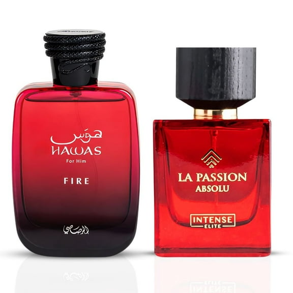 Hawas Fire by Rasasi & La Passion Absolu by Intense Elite 100ML EDP Sprays (Bundle) | A dynamic duo of fresh citrus, aquatic florals & rich amber, offering an elegant fragrance experience.