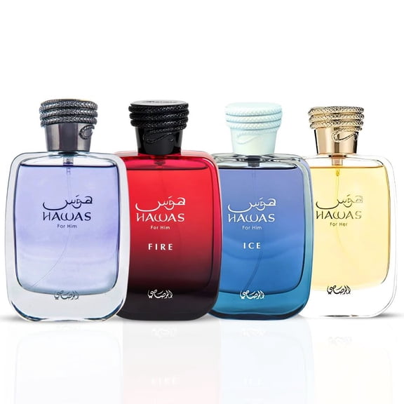 Hawas for Him, Hawas Ice, Hawas Fire & Hawas for Her Eau de Parfum Sprays 100ml (3.4 oz) by Rasasi (Collection)