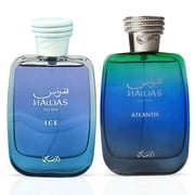 Hawas Ice for Him & Hawas Atlantis Eau de Parfum Sprays 100ml 3.4 oz by Rasasi Bundle
