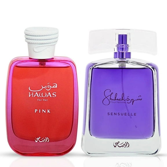 Hawas Pink 100ml & Shuhrah Sensuelle 90ml - Eau de Parfum Sprays by Rasasi | Sweet Elegance Meets Vibrant Femininity (Bundle)
