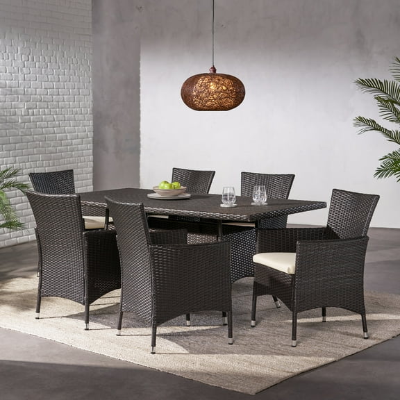 Hawawa Outdoor Transitional 7 Piece Wicker Dining Set with Water-Resistant Cushions, multibrown