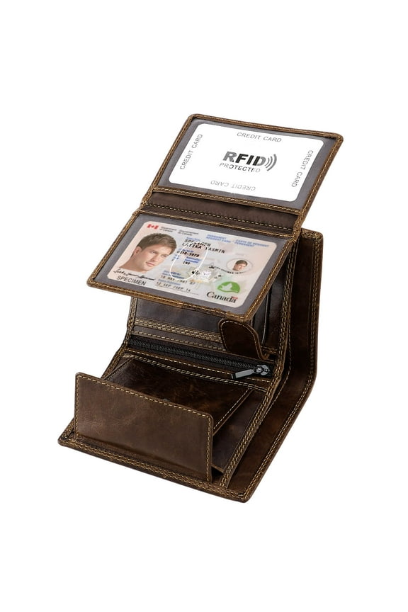 Trifold Billfold RFID Blocking Cowhide Leather Wallet for Men 10 Card Slots 2 ID Windows with Coin Pocket, Coffee